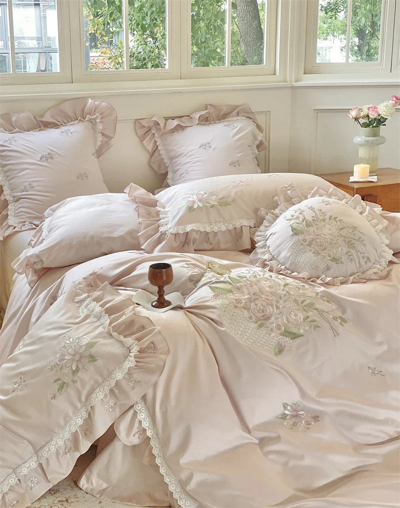 Afralia™ Vintage Rose Flowers Embroidery 1000TC Egyptian Cotton 4/7Pcs Bedding Set
