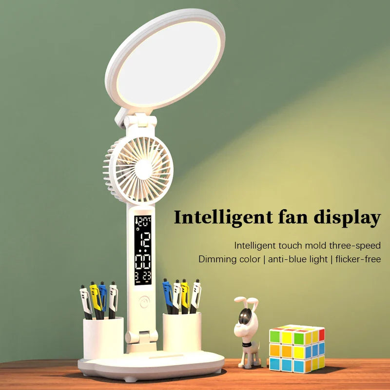 Afralia™ LED Desk Lamp with Fan, USB Rechargeable, Dimmable, Foldable, Eye Protection, Reading Light