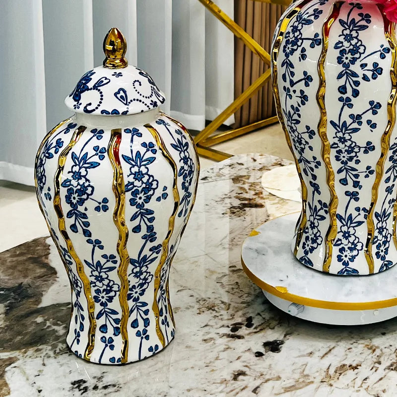 Afralia™ Blue Glazed Ceramic General Vase Handicrafts Flower Vase Ginger Jar