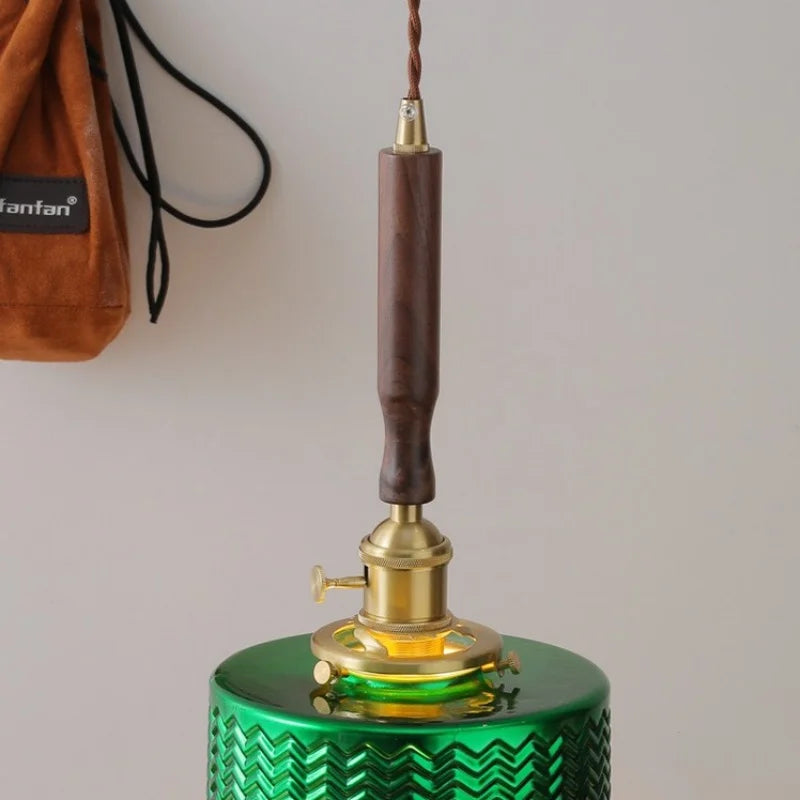 Afralia™ Modern Walnut Wood LED Pendant Lights with Green Glass & Copper Knob Switch