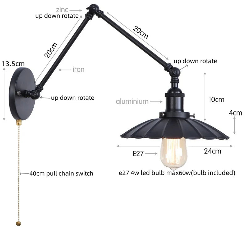 Afralia™ Vintage Loft LED Wall Lights with Pull Chain Switch for Bathroom Mirror, Stair, Living Room