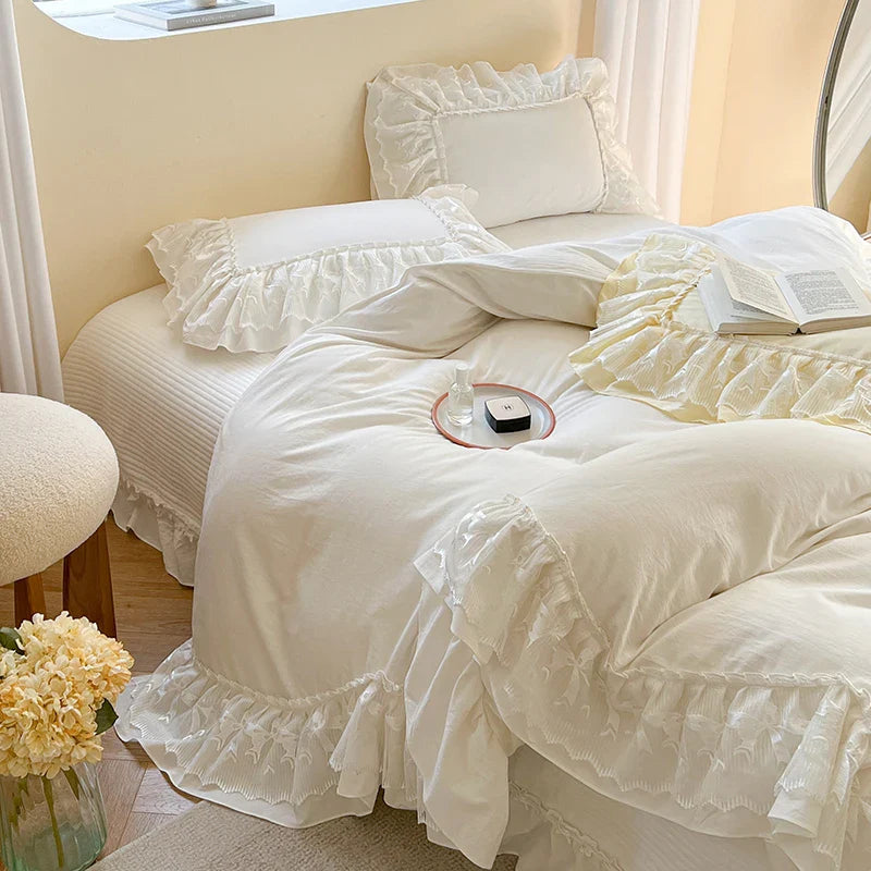 Afralia™ Lace Ruffles Bedding Set in Pearl White Cream Yellow Princess Cotton