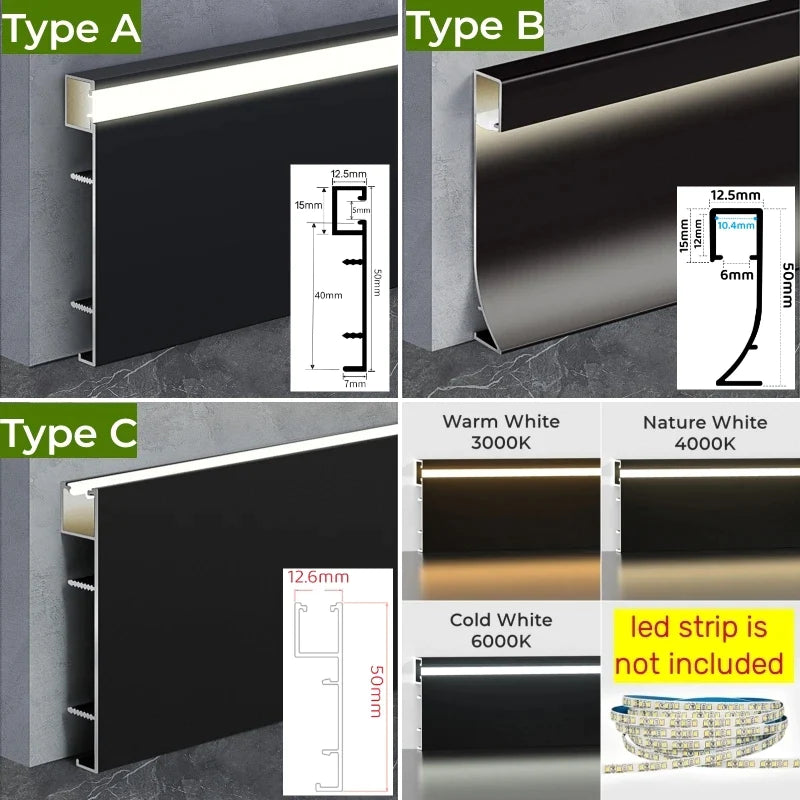 Afralia™ LED Skirting Profile: Hidden Corner Recessed Aluminum Baseboard Light Strip