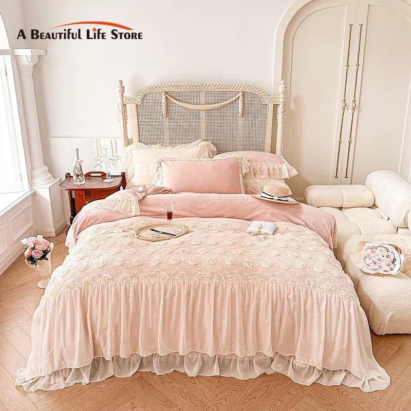 Afralia™ Pink Rose Lace Ruffles Bedding Set: Velvet Fleece, Duvet Cover, Sheet, Pillowcase