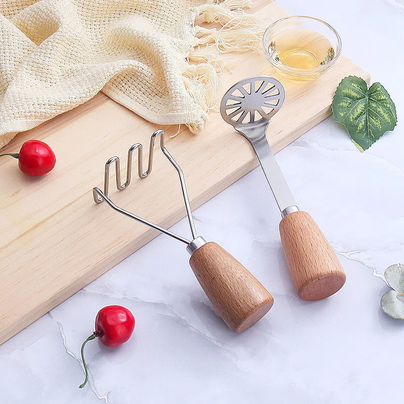 Afralia™ Stainless Steel Wooden Handle Potato Masher & Food Crusher - Multifunction Kitchen Tool