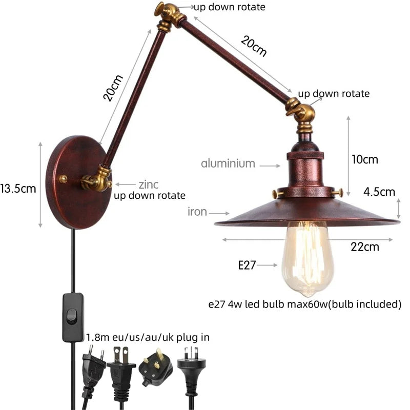 Afralia™ Rustic Vintage LED Wall Lamp with Pull Chain Switch for Stair, Restaurant, Bedroom