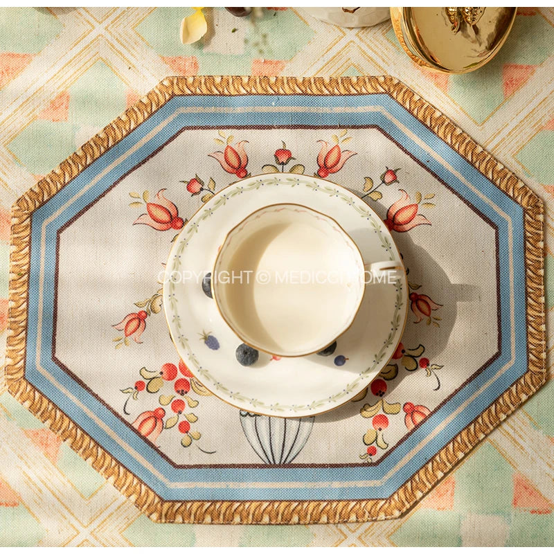 Afralia™ Baroque Flowers Fringe Placemat Set- Luxury Cotton Linen Retro Hexagon Table Mats