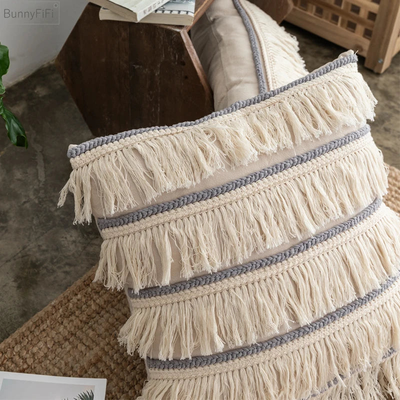 Afralia™ Embroidered Tassel Cushion Cover | Beige Grey | Cotton Linen | Home Decor