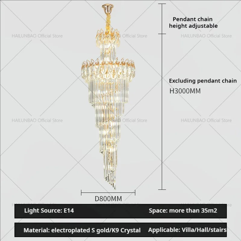 Afralia™ Luxury Crystal Chandelier for Modern Villa Living Room, Rotating Staircase Long Light