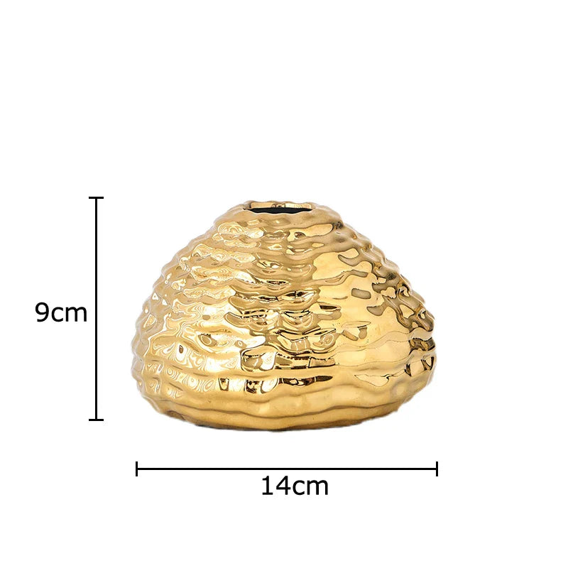 Afralia™ Golden Wrinkle Ceramic Vase - Desk Decoration, Gold-plated Floral Pots for Aesthetic Room Decor