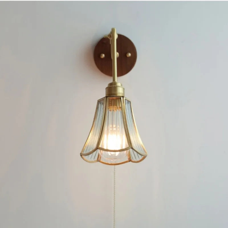 Afralia™ Copper Rotate Arm LED Wall Light: Clear Glass Walnut Bedside Lamp