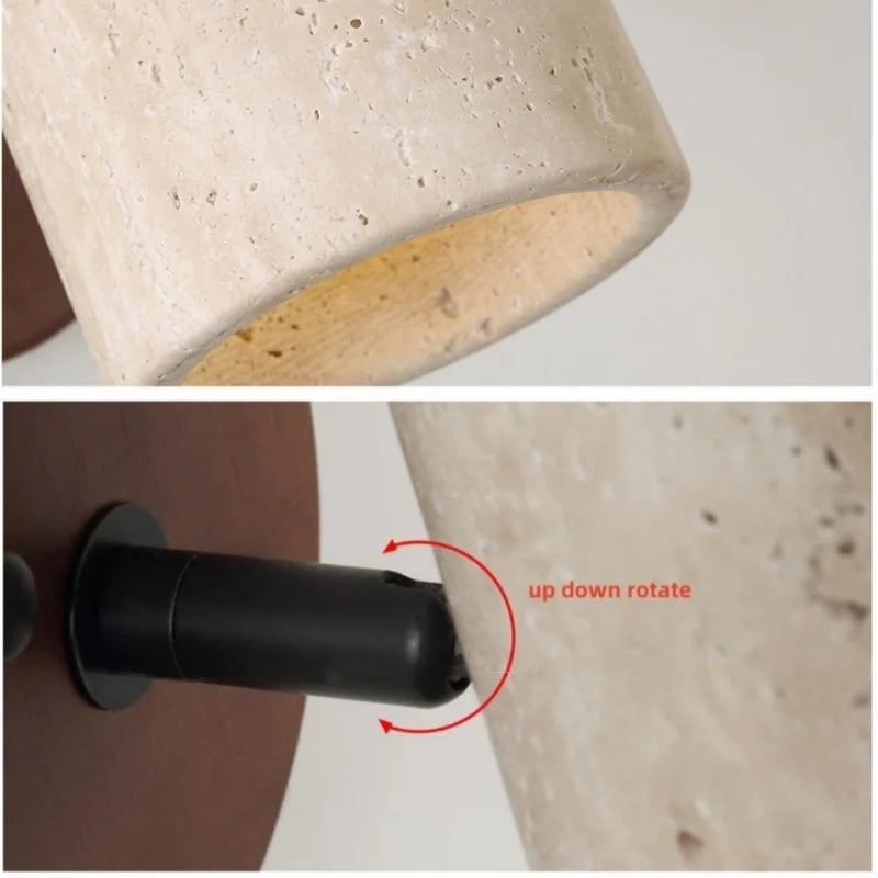 Afralia™ Yellow Travertine Wood Wall Light: Up Down Rotate LED Fixture with Pull Chain Switch.