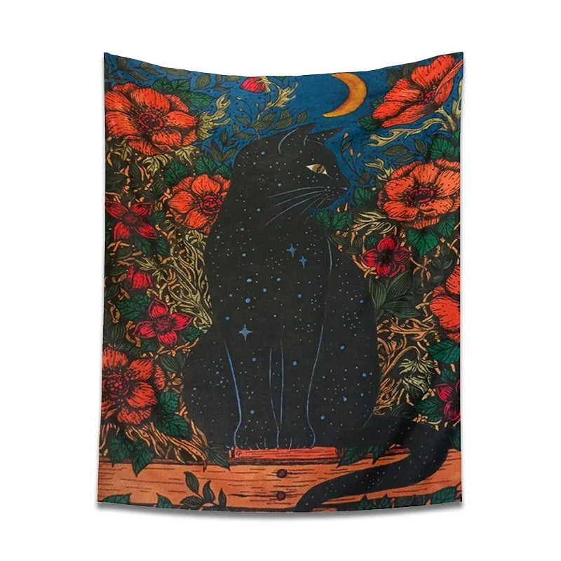 Black Cat Moon Tapestry Wall Hanging for Cute Aesthetics Home Decor by Afralia™