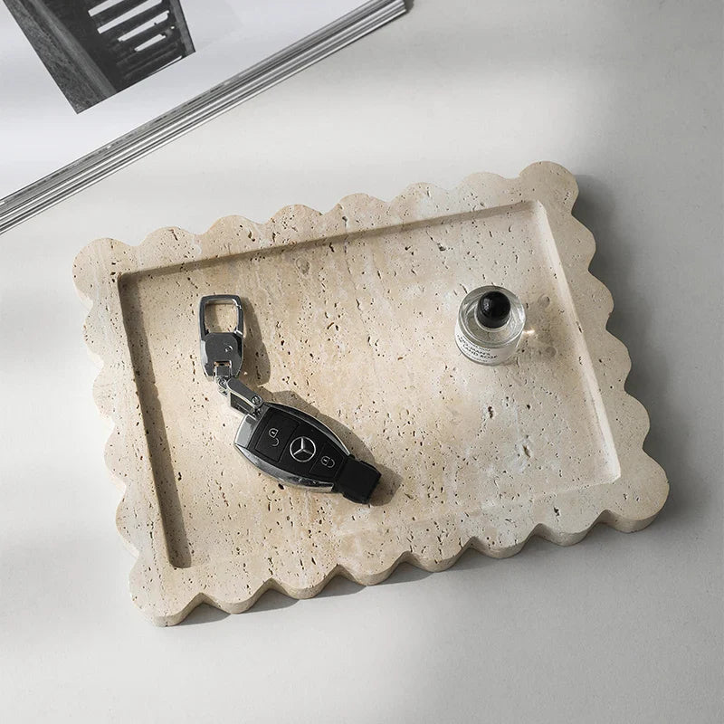Afralia™ Travertine Scalloped Edge Vanity Tray for Bathroom Kitchen Home Decor