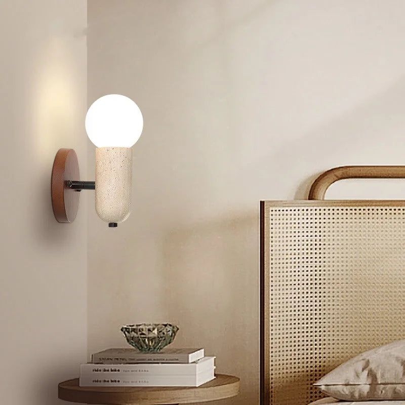 Afralia™ LED Wall Sconce Pull Chain Switch Modern Wood Yellow Travertine Stair Light