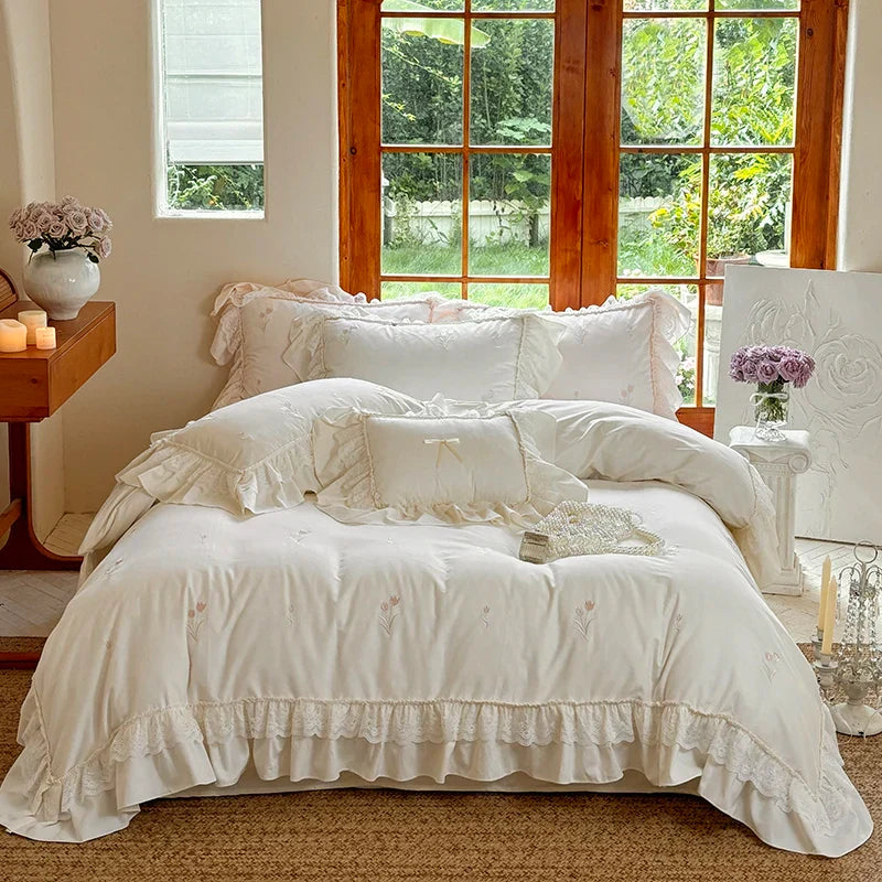 Afralia™ Pink Princess Lace Flowers 1200TC Egyptian Cotton Bedding Set