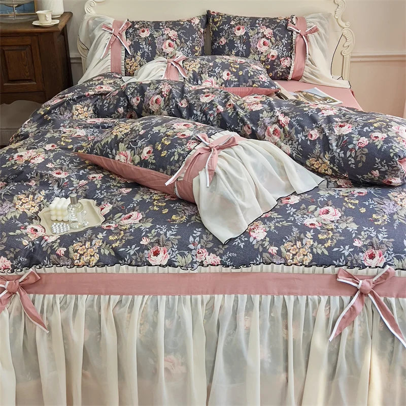 Afralia™ Chiffon Lace Ruffles Princess Egyptian Cotton Bedding Set