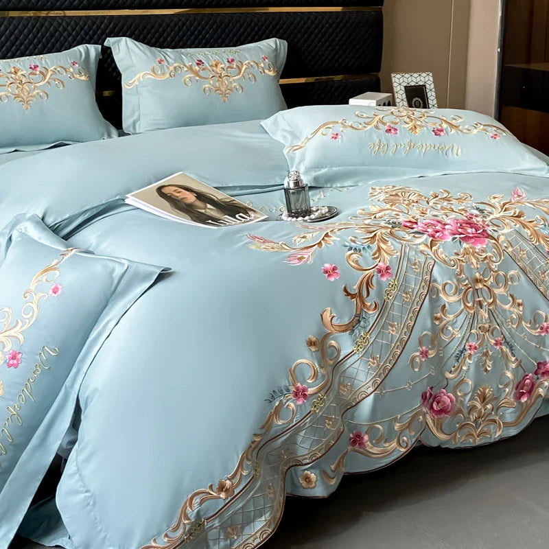 Afralia™ Exquisite Flowers Embroidery Bedding Set: Queen King Duvet Cover, Sheet, Pillowcases
