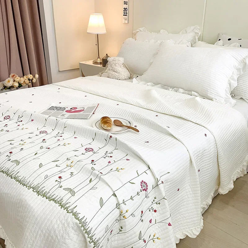 Afralia™ Ruffles Flowers Embroidery Quilt Set - Princess Bedding with Comforter