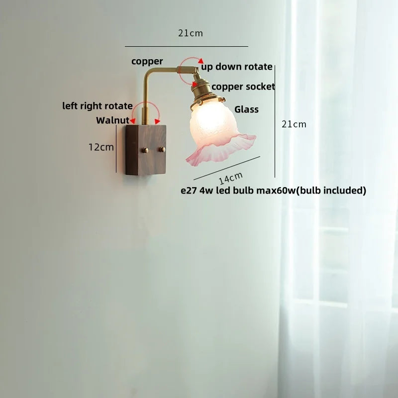 Afralia™ White Glass LED Wall Light Fixture Walnut Wood Brass Pull Chain Switch