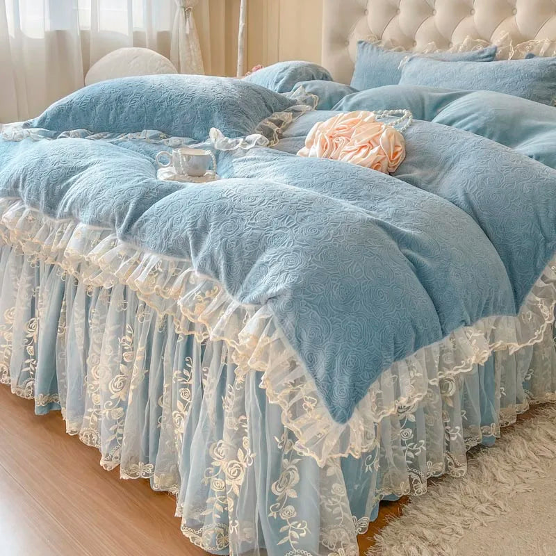 Afralia™ Lace Princess Bedding Set with Velvet Bed Skirt & Quilt Cover
