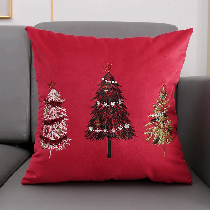Afralia™ Christmas Tree Snowflake Embroidery Cushion Cover - Red Green Square Pillow Case
