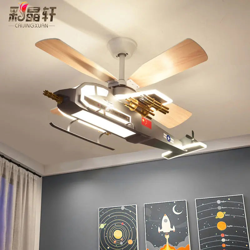 Afralia™ Children's Room Airplane Helicopter Fan Light - Creative Boy Bedroom Ceiling Light