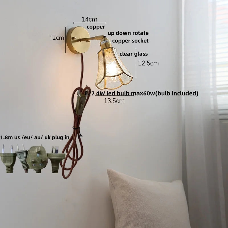 Afralia™ Copper LED Wall Lights Clear Glass Switch Bedside Lamp Nordic Modern