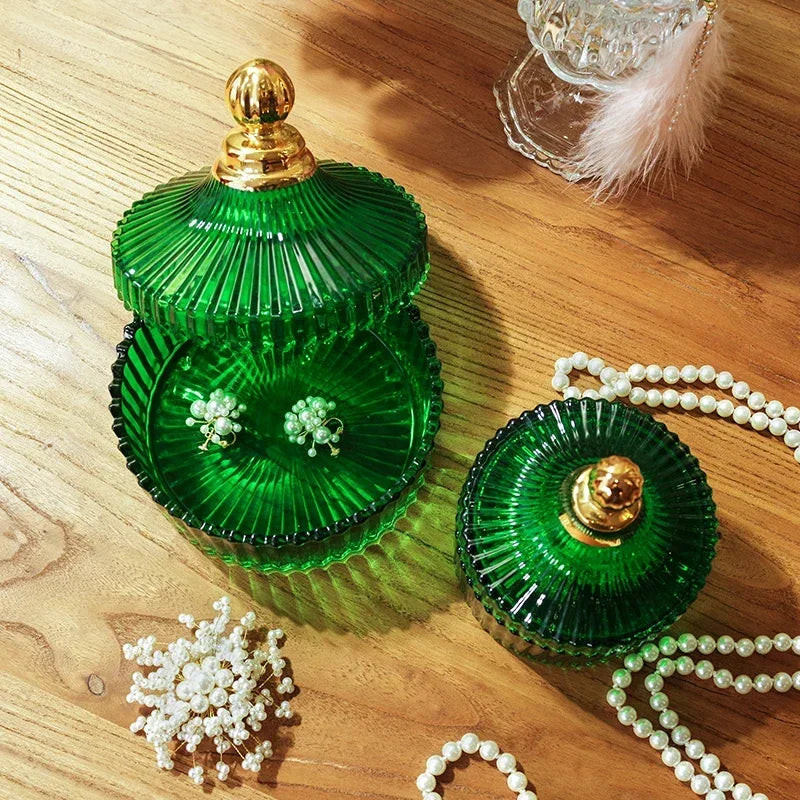 Afralia™ Green Striped Glass Jar with Lid, Small Objects Jewelry Storage Jar