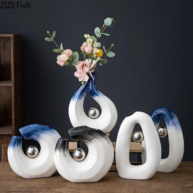 Afralia™ Silver Ball Ceramic Vase Artificial Flower Room Decor