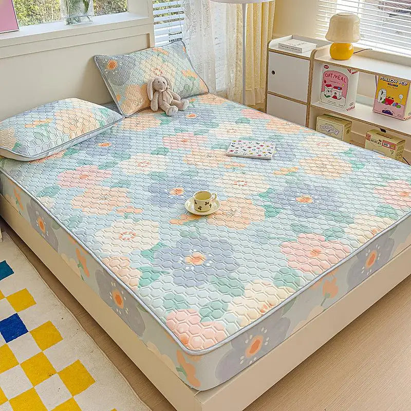 Afralia™ Cool Silk Latex Fitted Sheet Set with Pillowcases, Summer Ice Silk, Single Double Bed