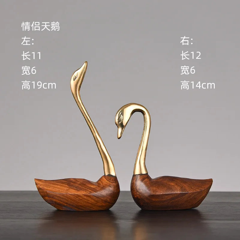 Afralia™ Wooden Crane Swan Brass Sculpture Home Decor Figurine