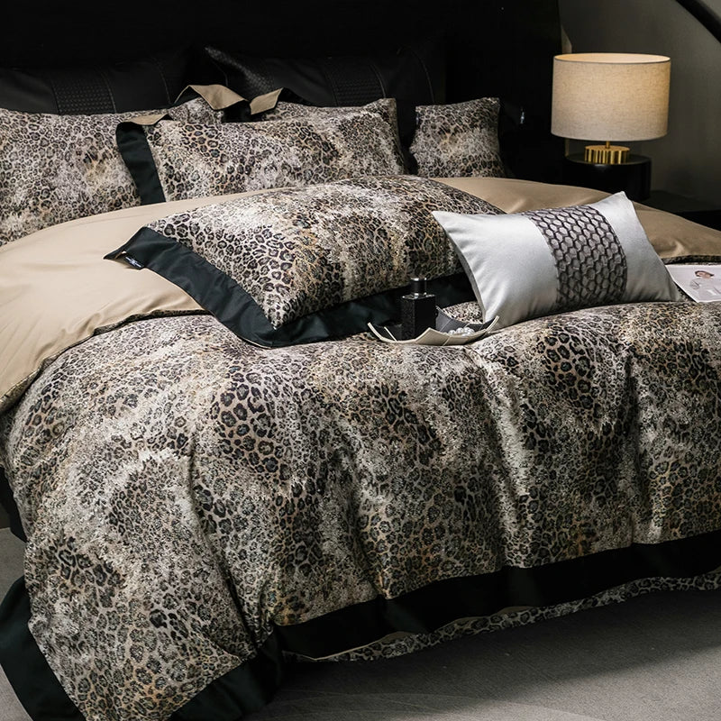 Afralia™ Feather Leopard Print Luxury 1000TC Egyptian Cotton Bedding Set