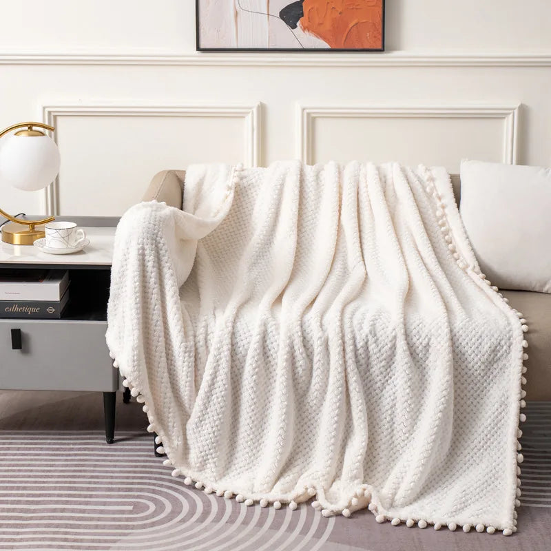 Afralia™ Pineapple Plaid Coral Fleece Blanket with Tassel Balls - Soft & Breathable Bedspread