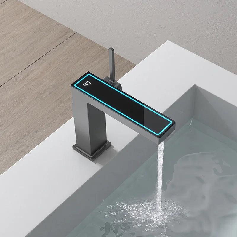 Afralia™ Digital Display Square Sink Mixer with Single Handle in Gray.