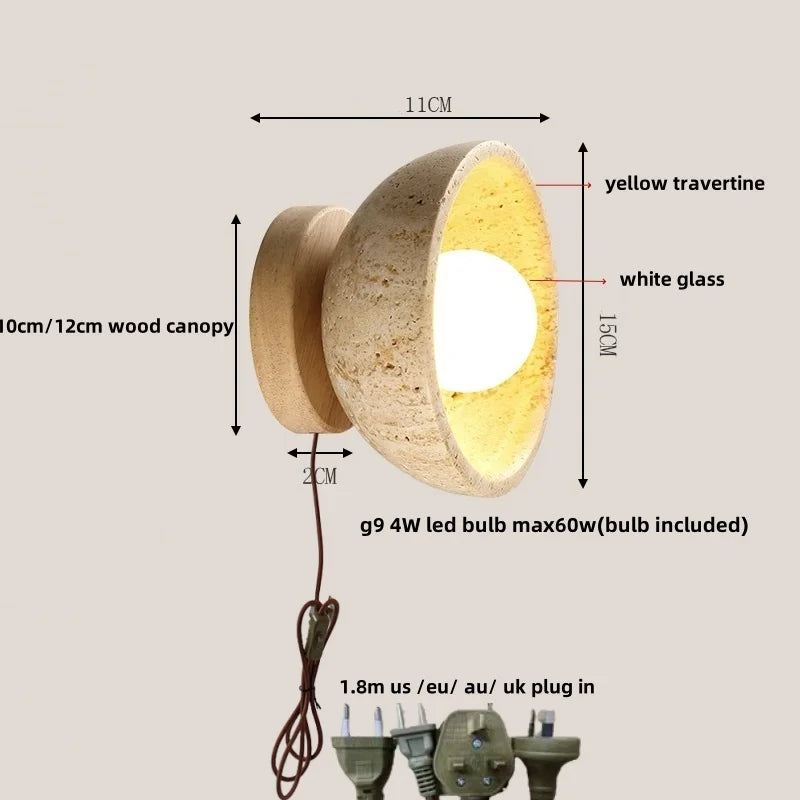 Afralia™ LED Wall Light Travertine Base Modern Nordic Pull Chain Bedside Lamp