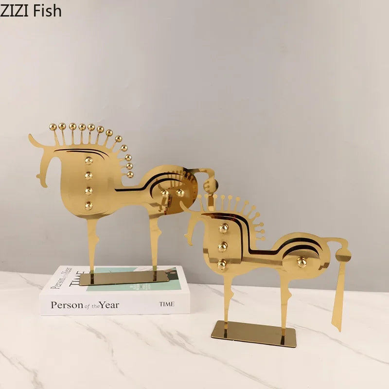Afralia™ Golden Horse Metal Animal Sculpture Desk Ornament