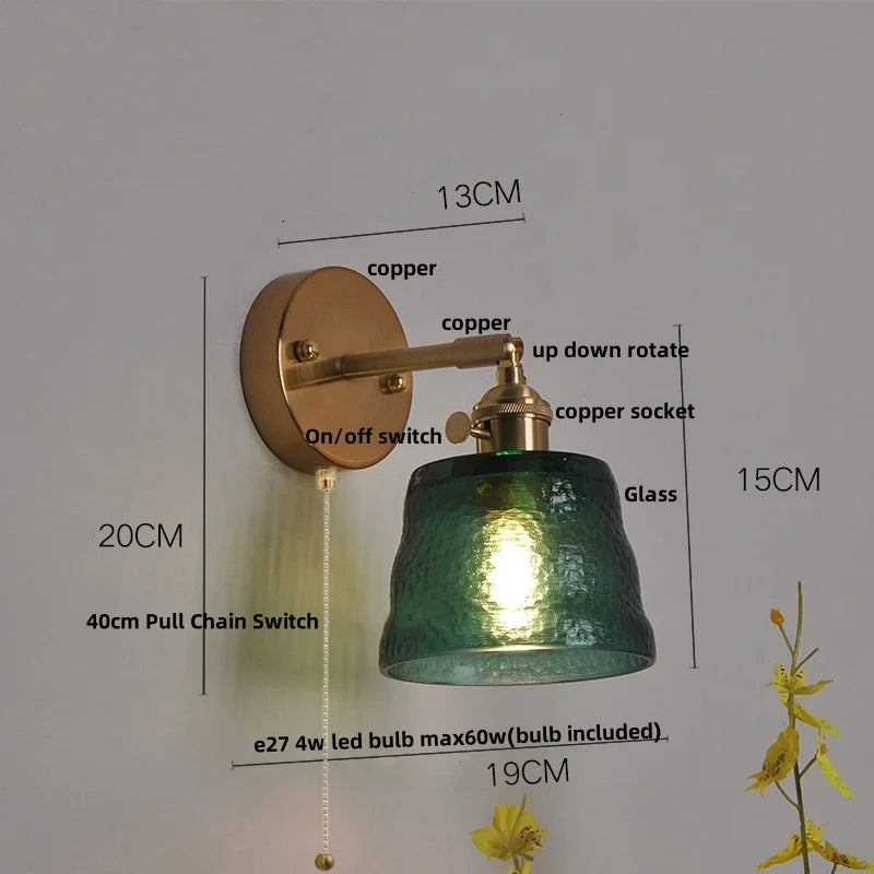Afralia™ Clear Glass LED Wall Lights Brass E27 Pull Chain Switch Bedside Lamp