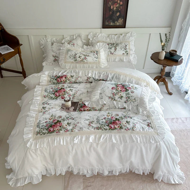 Afralia™ French Rose Flowers Pattern Bedding Set, 100% Cotton, Ruffles, Duvet Cover, Bed Skirt
