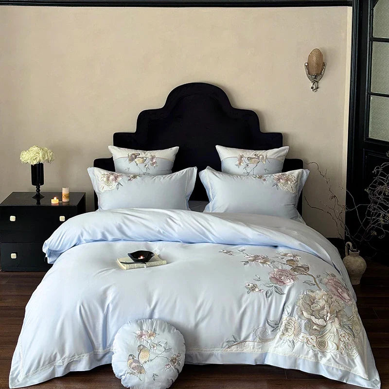 Afralia™ 5-Piece Chinese Flowers Bird Embroidery Bedding Set, 1000TC Egyptian Cotton, Queen King