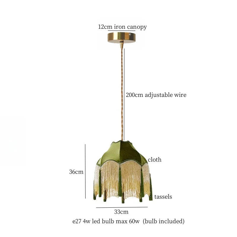Afralia™ Green Tassel LED Pendant Light - American Vintage Hanging Lamp for Home and Café.
