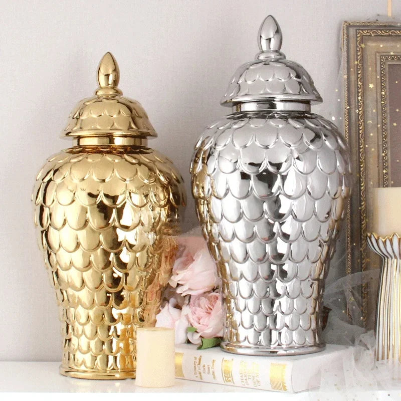 Afralia™ Geometric Golden Porcelain Jar - Home Decor Vase & Storage Tank