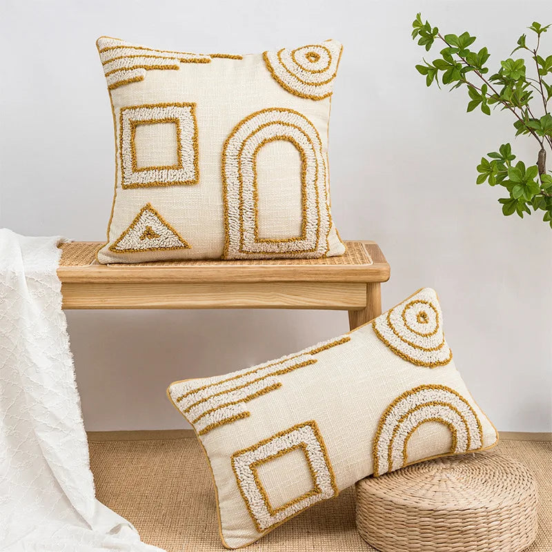 Afralia™ Geometric Tufted Cotton Canvas Embroidered Pillow Covers for Home Decor