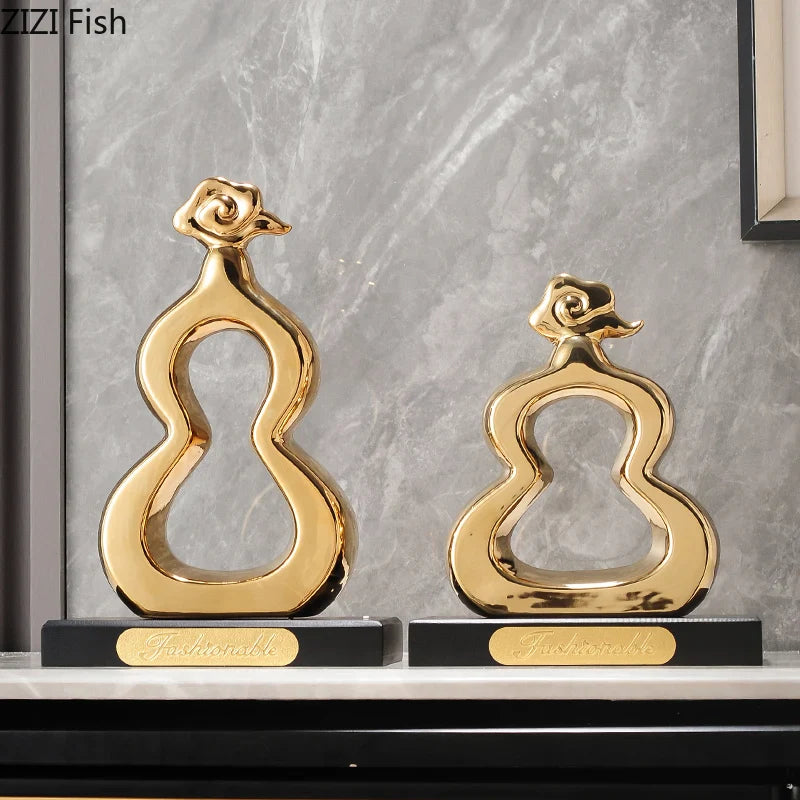 Afralia™ Gold Gourd Ceramic Sculpture Desk Decor Porcelain Crafts Room Ornaments