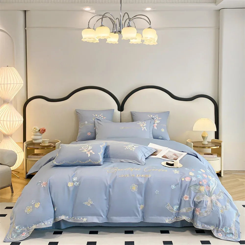 Afralia™ Butterfly Flowers Embroidery Cotton Bedding Set, 4pcs King Queen Size.