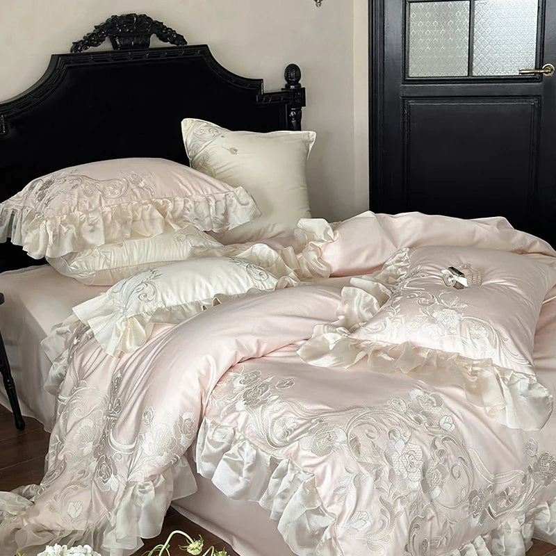 Afralia™ Pink Flowers Embroidery Bedding Set | 1000TC Egyptian Cotton Duvet Cover, Sheet Set