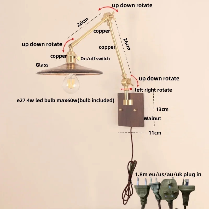 Afralia™ Cube Glass LED Wall Sconce Walnut Wood 2 Arms Rotatable Mirror Light