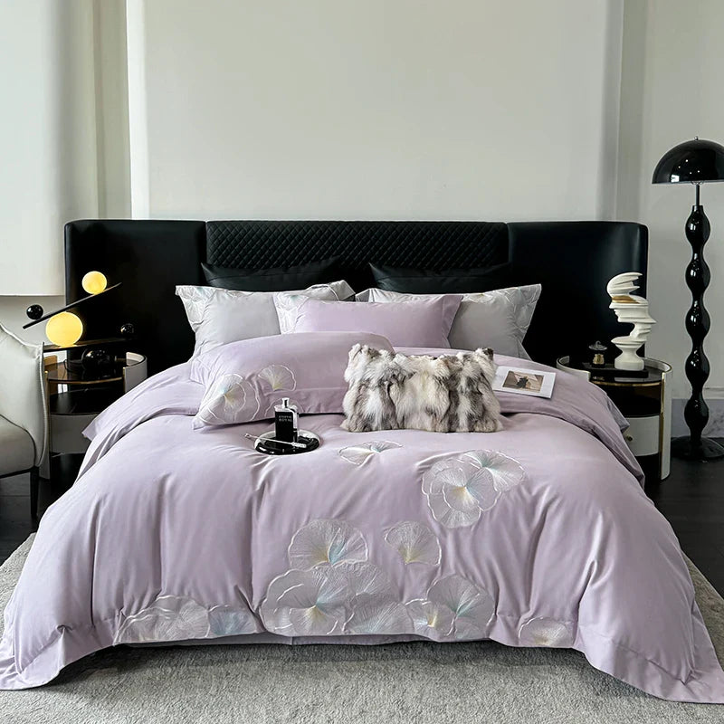 Afralia™ Pink Luxury Flower Embroidery 4-Piece Bedding Set - 1000TC Egyptian Cotton
