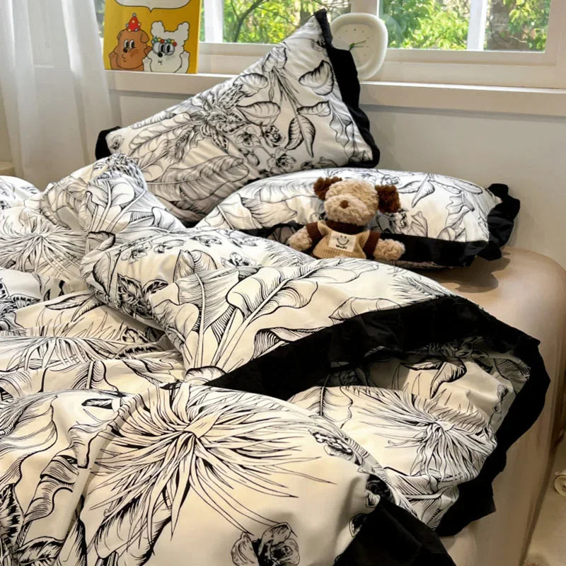 Afralia™ Black White Printed Bed Skirt Bedding Set - Cozy Skin Friendly Linens