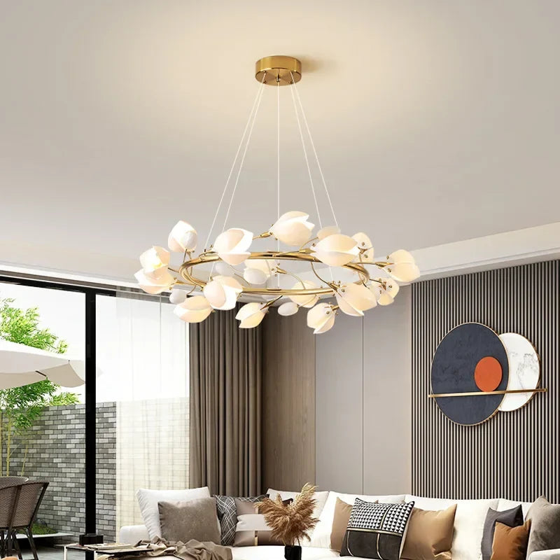Afralia™ French Cream Ceramic Chandelier LED Pendant Light Fixture